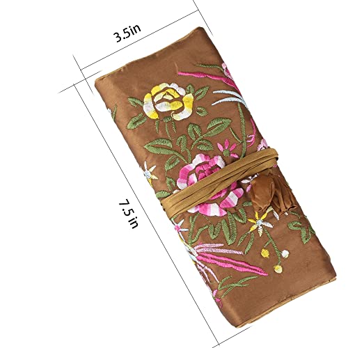 Lidwot Brown Silk Jewelry Organizer Roll for Travel – Vintage Embroidery Storage Bag with Zippered Pockets, Foldable Pouch for Rings, Necklaces & Earrings, Compact Luxury Gift - Image 5