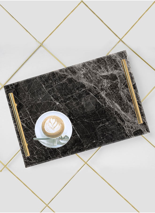 لوحة صينية تقديم أكريليك مزخرفة بتصميم رخامي داكن بمقابض معدنية ذهبية اللون مقاس ٣٠x٢٠سم  - Image 4