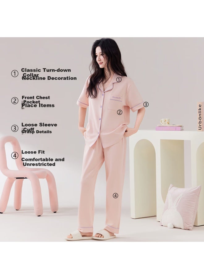 Your Sun Comfortable And Refreshing Women's Cotton Pajamas Set With Chest Pad, Summer Thin Short Sleeve Cardigan And Long Pants, Suitable For Home Wear - Image 4