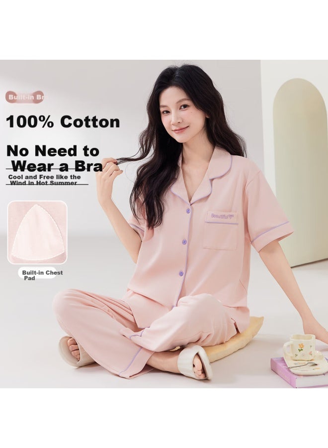 Your Sun Comfortable And Refreshing Women's Cotton Pajamas Set With Chest Pad, Summer Thin Short Sleeve Cardigan And Long Pants, Suitable For Home Wear - Image 1