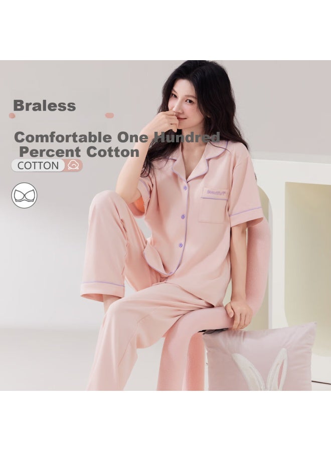 Your Sun Comfortable And Refreshing Women's Cotton Pajamas Set With Chest Pad, Summer Thin Short Sleeve Cardigan And Long Pants, Suitable For Home Wear - Image 2