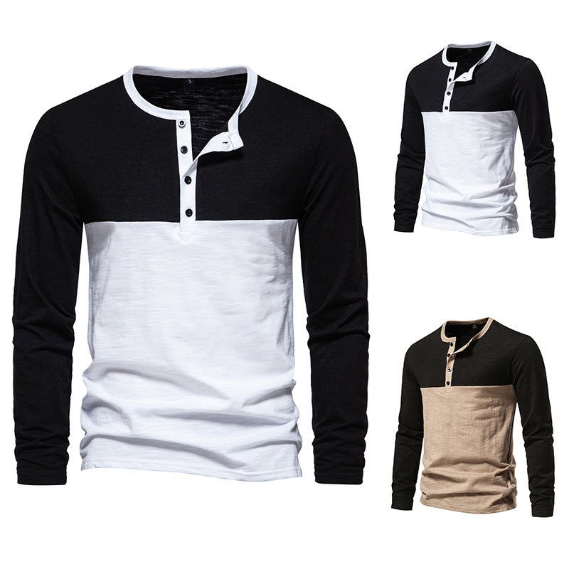New Men'S Color Matching Four-Button Henry Color Matching Long-Sleeved T-Shirt D30 - Image 4