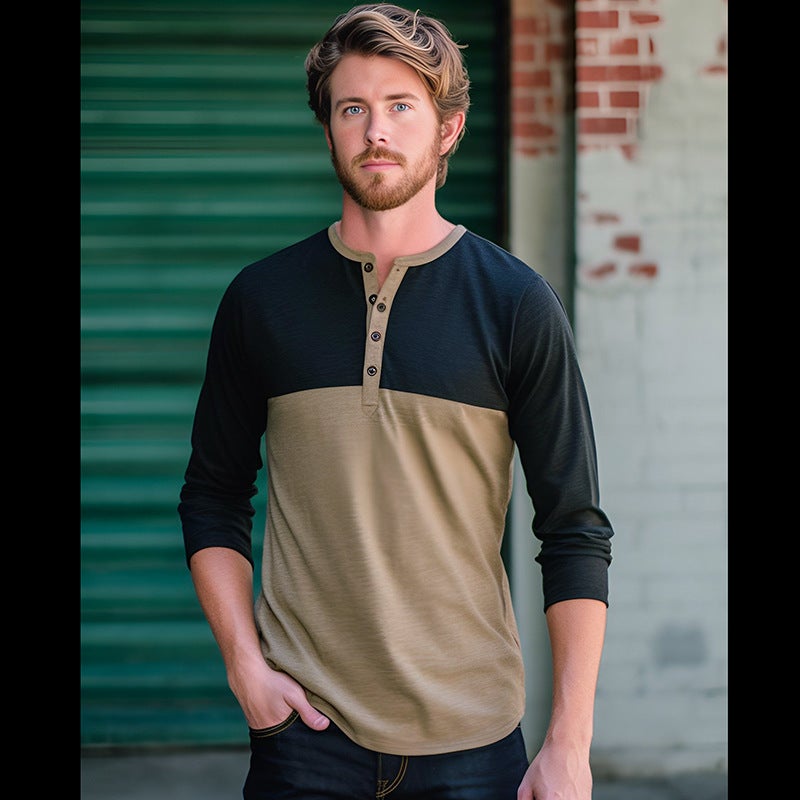 New Men'S Color Matching Four-Button Henry Color Matching Long-Sleeved T-Shirt D30 - Image 1