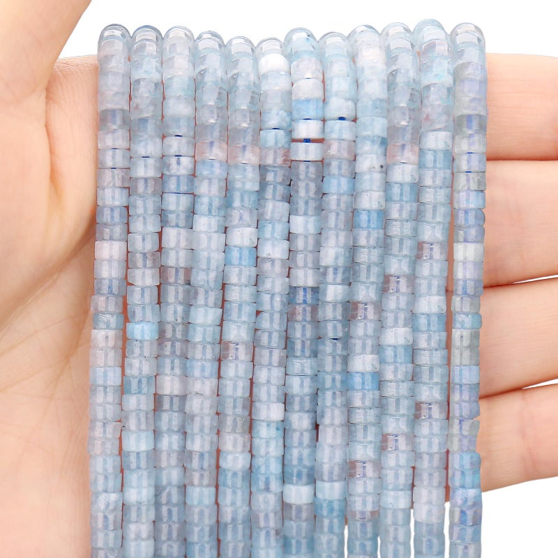 BONNY BOXX 150PCs Natural Aquamarine Spacer Beads Loose Semi Precious Flat Round Gemstone Heishi Disc Stone Beads for Beading Jewelry Making 4mm2mm