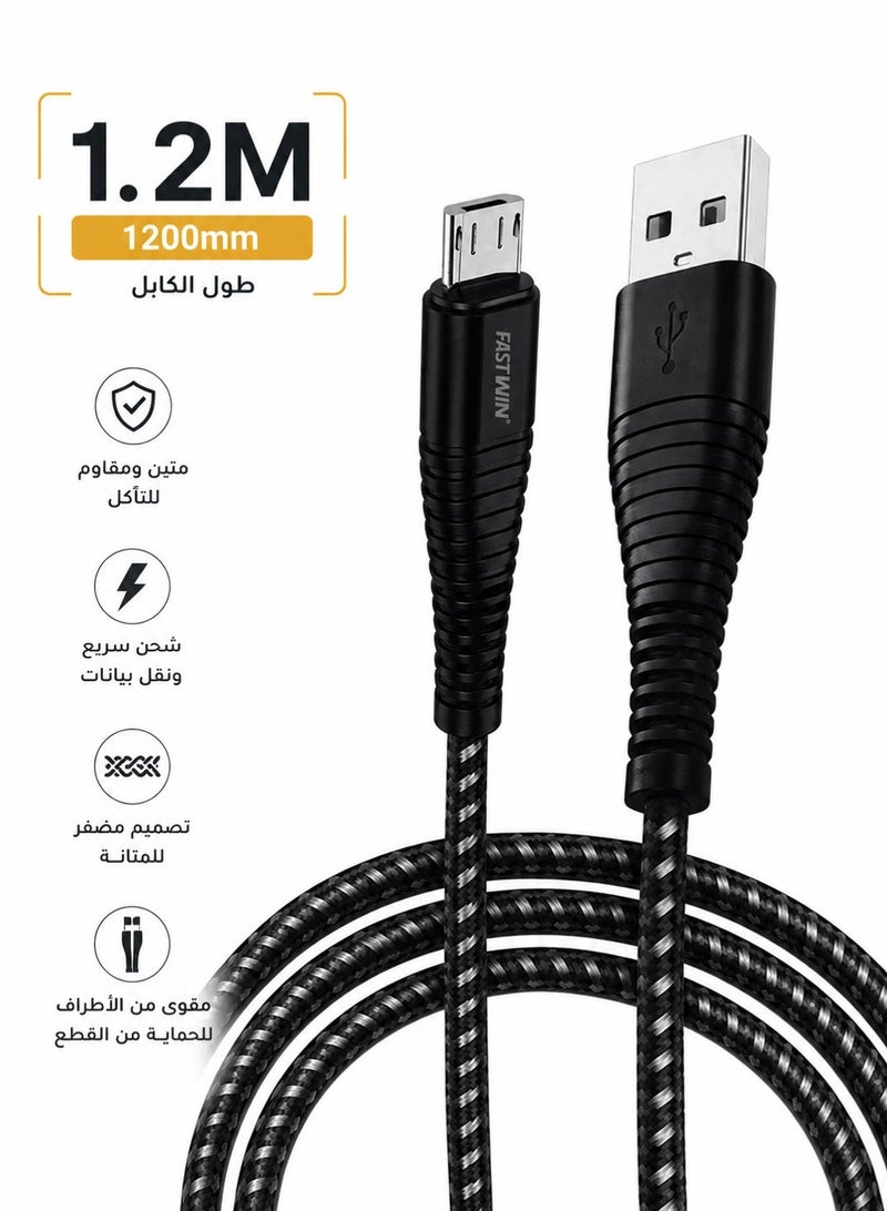 FASTWIN Micro USB A to Micro Cable, Fastwin Certified Nylon Braided Fast Charger Cable, Triple Shielding, Compatible with PS4, Raspberry Pi Zero, TV Stick, Chromecast, Android Phones, 1200mm 1.2m - Black - Image 1