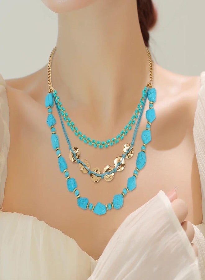 بوكار قلادة بوكار بثلاثة صفوف من الخرز الفيروزي الصناعي، متعددة الطبقات، مصنوعة يدوياً، مجوهرات أزياء للنساء (NK-10700-أزرق) - Image 2