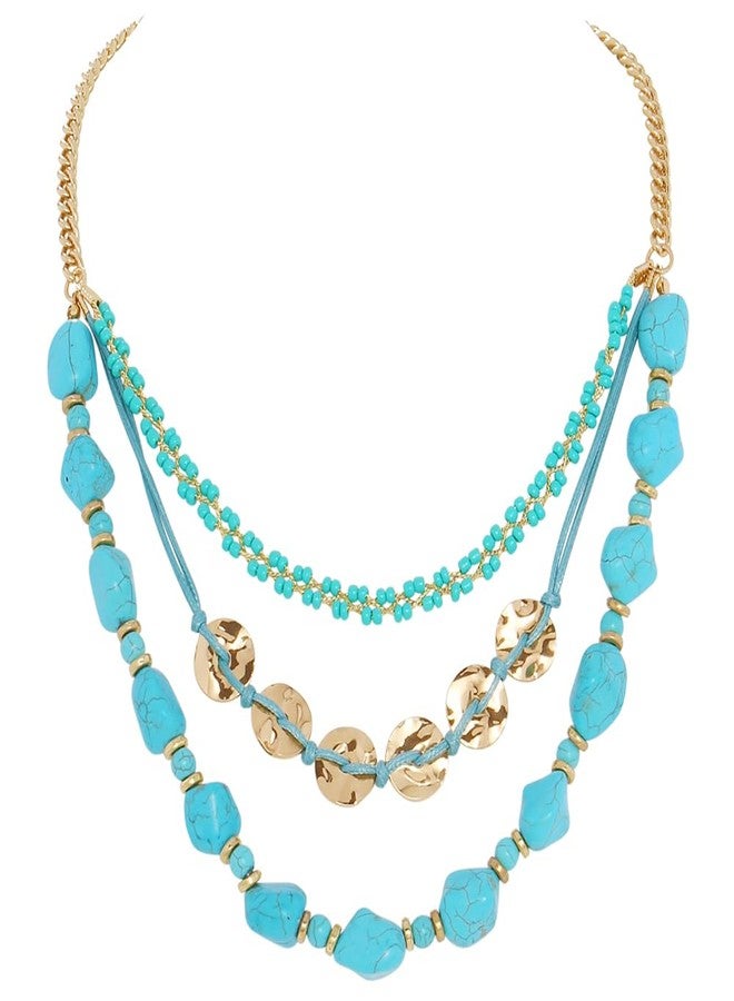 بوكار قلادة بوكار بثلاثة صفوف من الخرز الفيروزي الصناعي، متعددة الطبقات، مصنوعة يدوياً، مجوهرات أزياء للنساء (NK-10700-أزرق) - Image 1