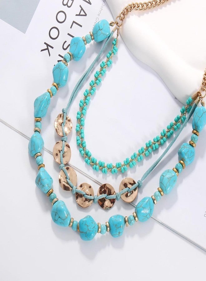 بوكار قلادة بوكار بثلاثة صفوف من الخرز الفيروزي الصناعي، متعددة الطبقات، مصنوعة يدوياً، مجوهرات أزياء للنساء (NK-10700-أزرق) - Image 4