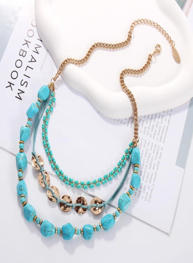 بوكار قلادة بوكار بثلاثة صفوف من الخرز الفيروزي الصناعي، متعددة الطبقات، مصنوعة يدوياً، مجوهرات أزياء للنساء (NK-10700-أزرق) - Image 3