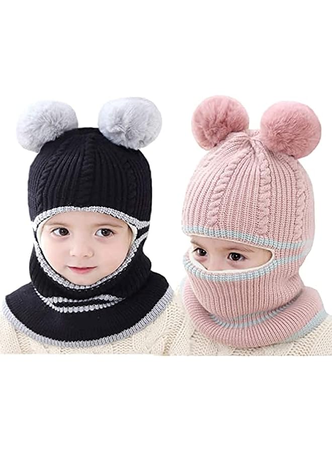 Kids Winter Hat 2 Pieces Fleece Lined Baby Winter Hat Toddler Beanie With Double Pom Pom Ears