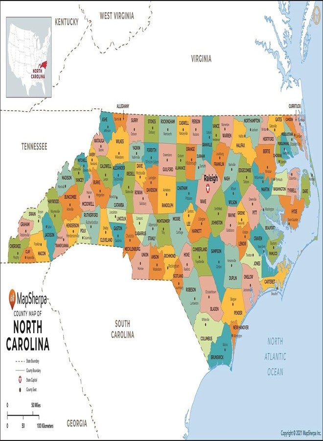 MapSherpa North Carolina Counties Map - Standard - 36" x 18.25" Laminated - Image 1