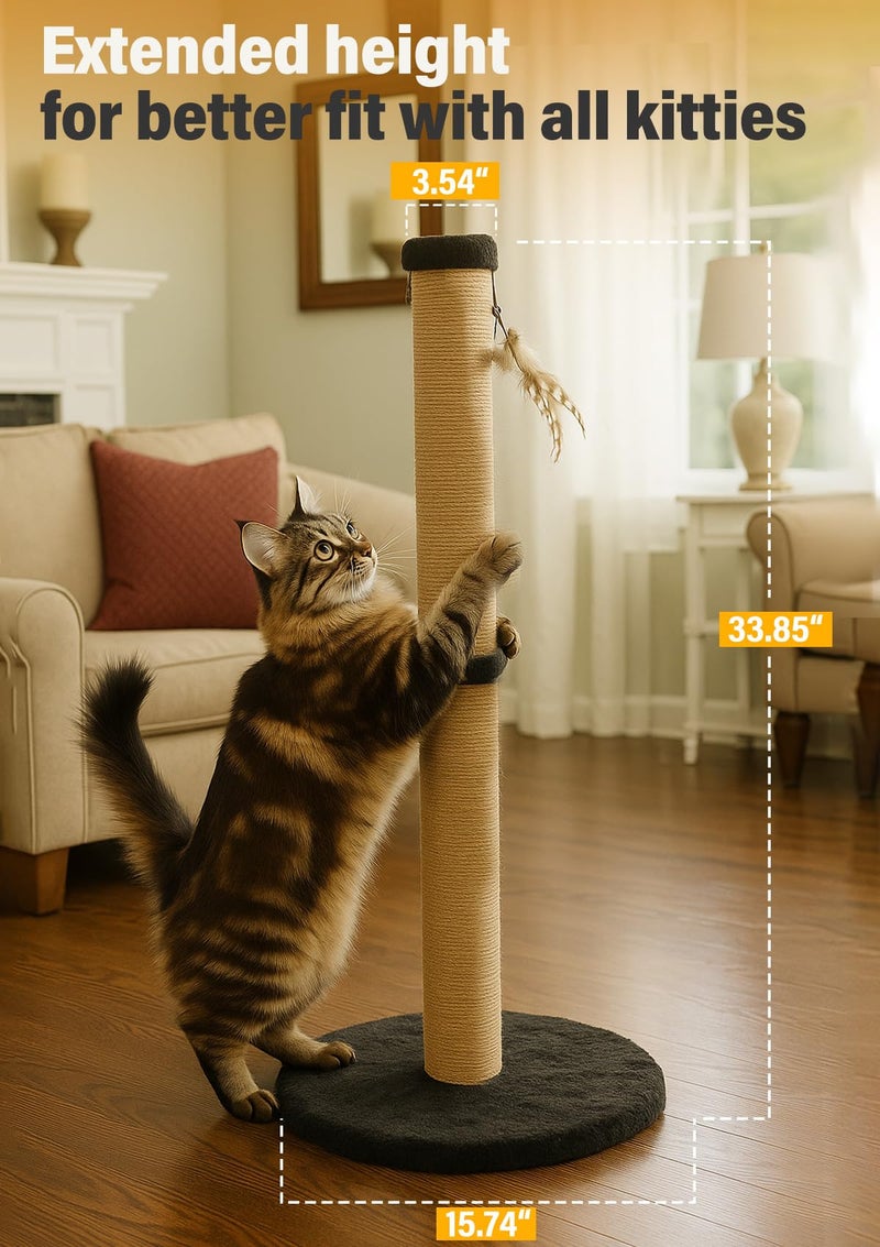 Ewenono 34inches Tall Cat Scratching Post with Plush Base Cat Scratcher for Indoor Cat with Natural Sisal Rope, Black Round Platform,Have 4 Replacement Pendant - Image 2