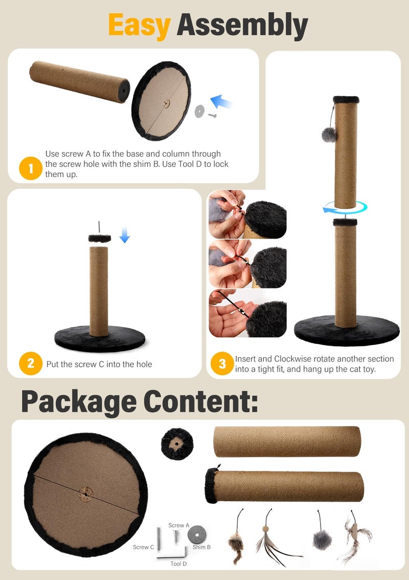 Ewenono 34inches Tall Cat Scratching Post with Plush Base Cat Scratcher for Indoor Cat with Natural Sisal Rope, Black Round Platform,Have 4 Replacement Pendant - Image 4