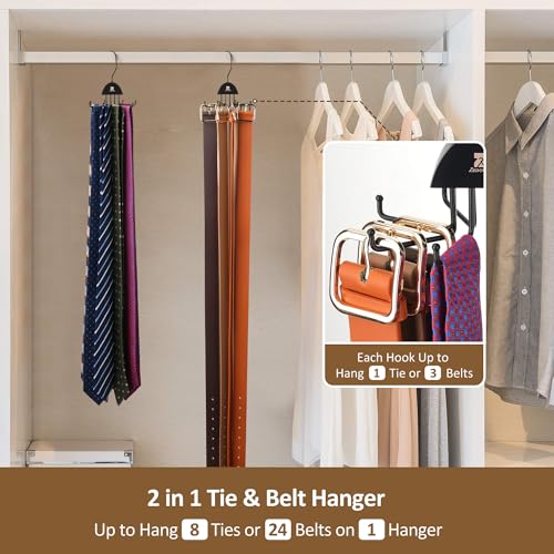 ZEDODIER 2 Pack Tie Hanger & Belt Organizer, Rotatable Tie Rack Space Saving Tie Holder with 16 Adjustable Hooks for Closet Organizers and Storage, Sturdy Belt & Tie Collection Storage, Black - Image 3