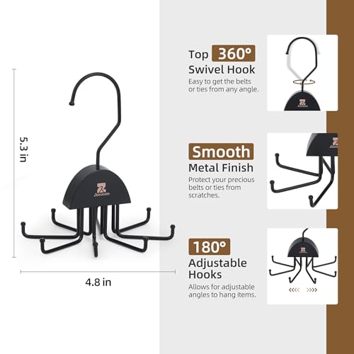 ZEDODIER 2 Pack Tie Hanger & Belt Organizer, Rotatable Tie Rack Space Saving Tie Holder with 16 Adjustable Hooks for Closet Organizers and Storage, Sturdy Belt & Tie Collection Storage, Black - Image 5