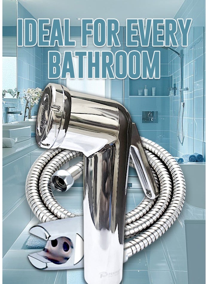 برفكت مجموعة شطاف عالية الجودة ومثالية – خرطوم مرن بطول ١٢٠ سم مع حامل حائطي | بخاخ بيديت مانع للتسرب | طلاء كروم مقاوم للتآكل | سهولة التركيب وأداء طويل الأمد - Image 3