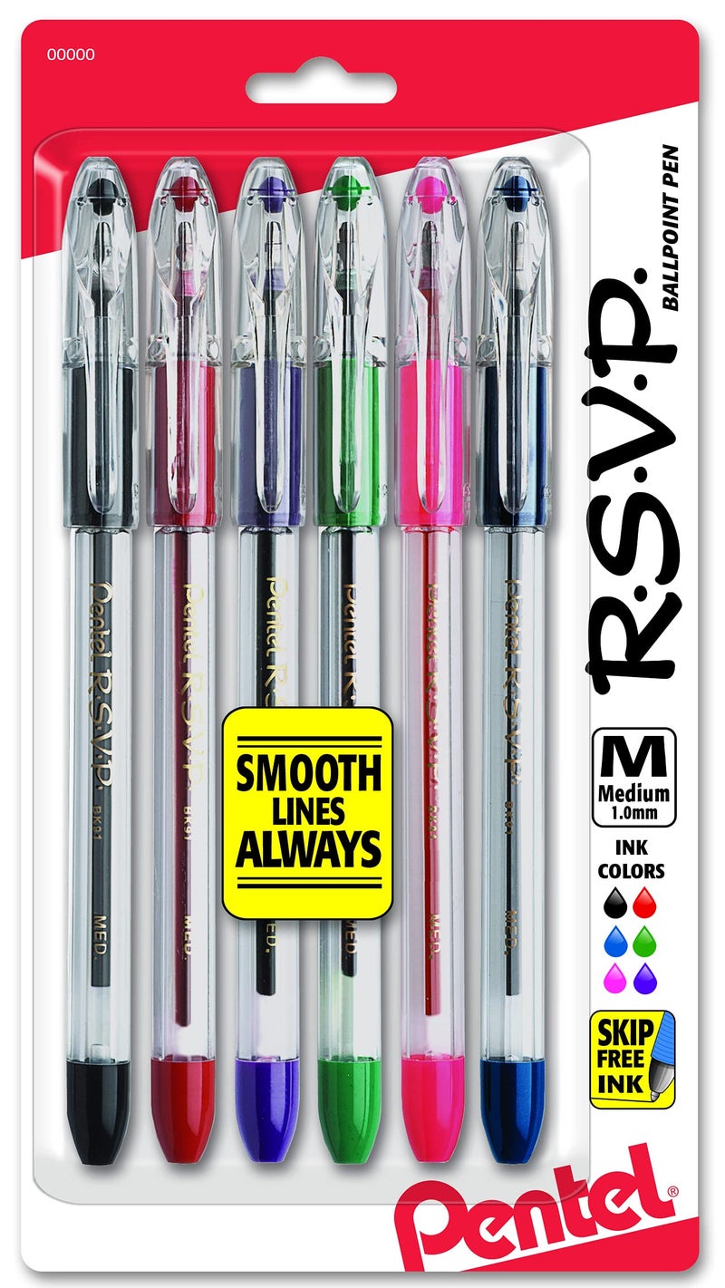 Pentel قلم حبر جاف بنتل R.S.V.P.، خط متوسط، حبر متنوع، 6 عبوة (BK91BP6M) - Image 1