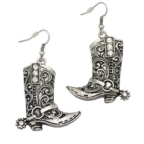 RechicGu Vintage Silver Western West Cowgirl Texas Boots Spur Dangle Drop Earrings Rodeo Boho Fancy Dress Costume - Image 1