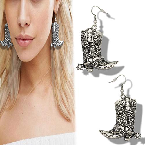 RechicGu Vintage Silver Western West Cowgirl Texas Boots Spur Dangle Drop Earrings Rodeo Boho Fancy Dress Costume - Image 2
