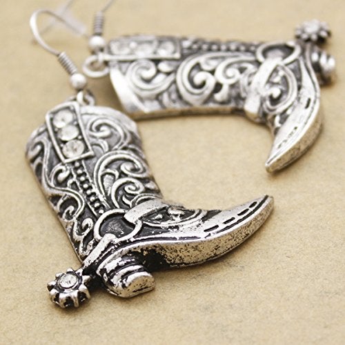 RechicGu Vintage Silver Western West Cowgirl Texas Boots Spur Dangle Drop Earrings Rodeo Boho Fancy Dress Costume - Image 3