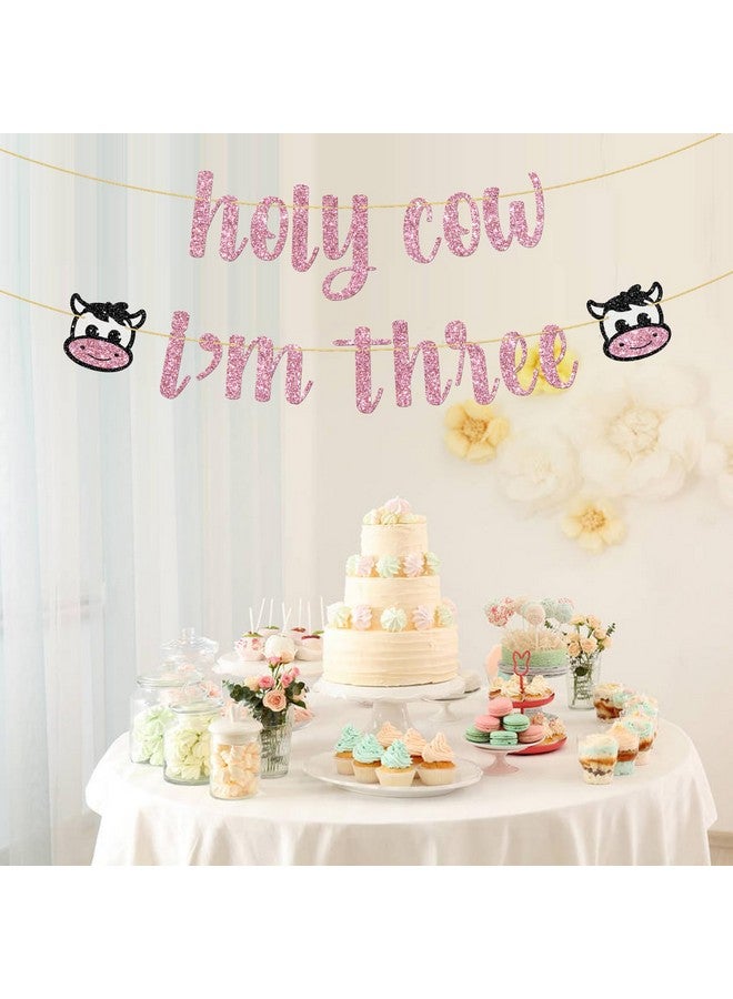 WeBenison Holy Cow I'm Three Birthday Banner Farm Animal 3rd Birthday Party Decoration Supplies Pink Glitter - Image 4