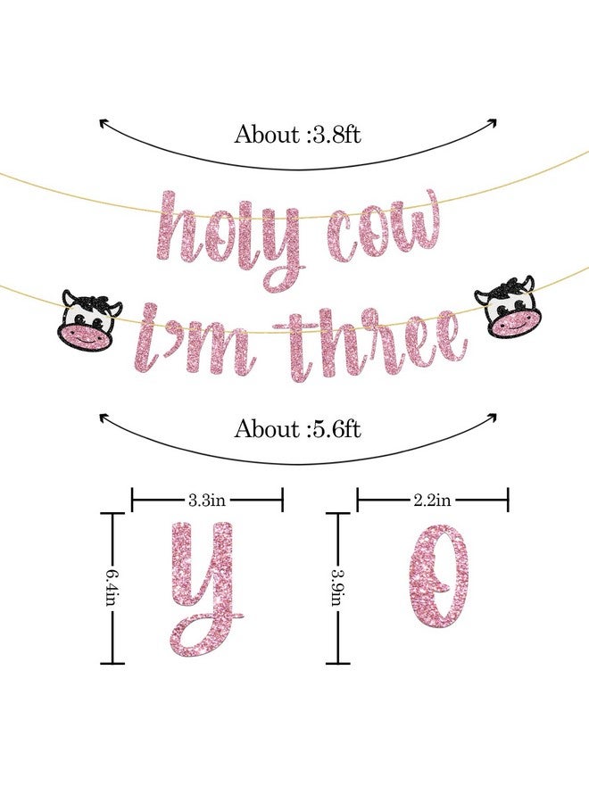 WeBenison Holy Cow I'm Three Birthday Banner Farm Animal 3rd Birthday Party Decoration Supplies Pink Glitter - Image 2