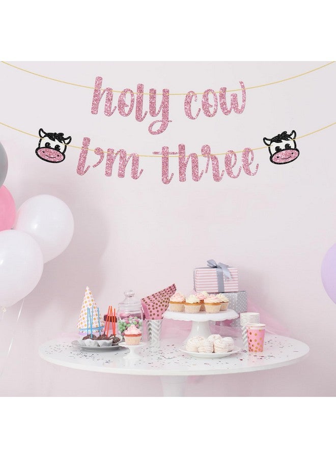 WeBenison Holy Cow I'm Three Birthday Banner Farm Animal 3rd Birthday Party Decoration Supplies Pink Glitter - Image 5