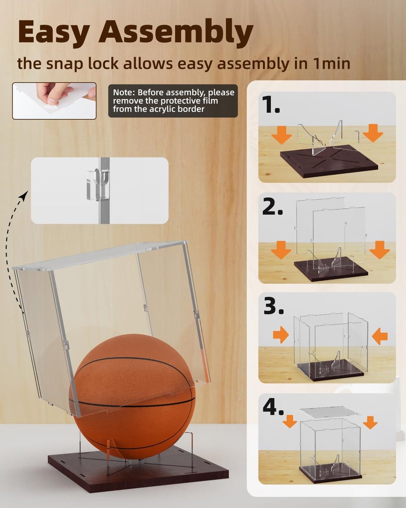 Fitense Basketball Display Case Acrylic Clear, UV Protected Basketball Stand Box Full Size with Solid Wood Base, Soccer Display for Autographed Standard NBA WNBA Ball Memorabilia Keepsake, Ideal Gift - Image 3