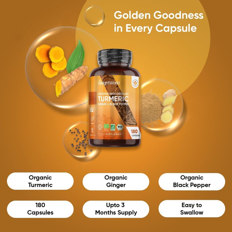 WeightWorld كبسولات الكركم العضوي 180 كبسولة مع الزنجبيل العضوي والفلفل الأسود ومكمل الكركم للرجال والنساء سهل البلع نباتي خالي من الغلوتين صنع في الاتحاد الأوروبي - Image 2
