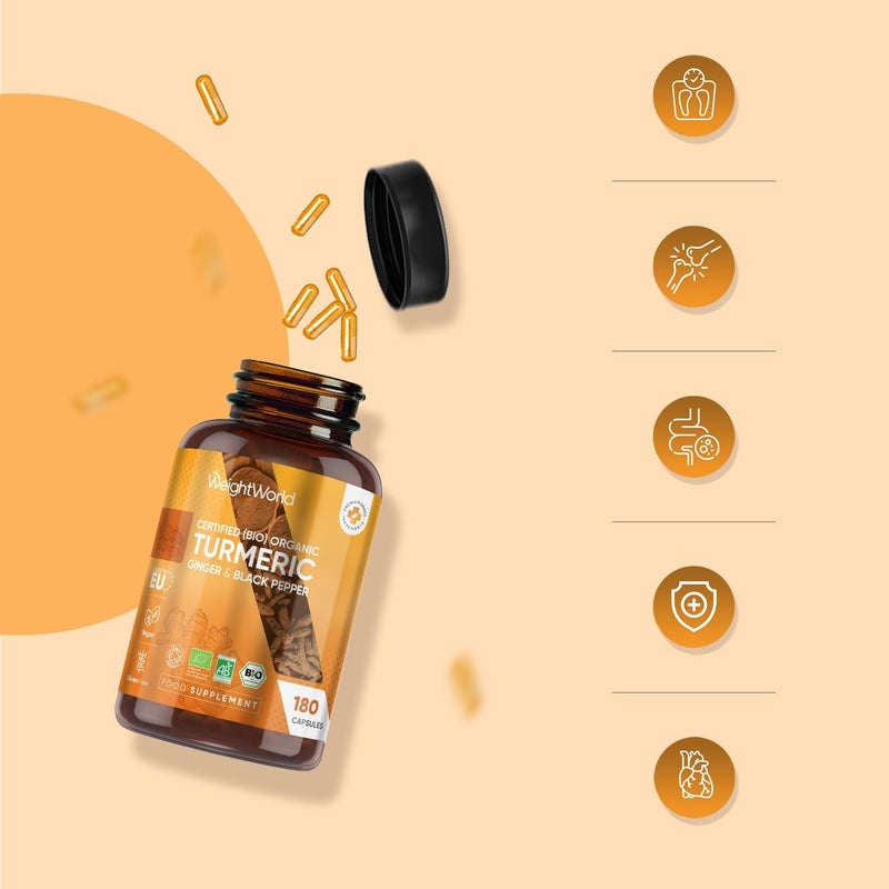 WeightWorld كبسولات الكركم العضوي 180 كبسولة مع الزنجبيل العضوي والفلفل الأسود ومكمل الكركم للرجال والنساء سهل البلع نباتي خالي من الغلوتين صنع في الاتحاد الأوروبي - Image 4