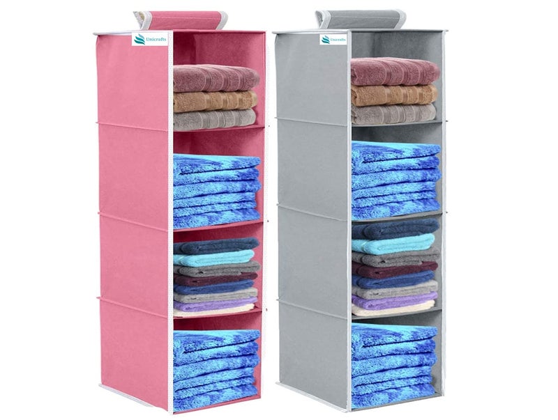 UNICRAFTS Hanging Organizer 4 Shelves NonWoven Foldable Organizer Wardrobe Organiser for Regular Garments 4 Tier Pack of 2 1Pink 1Grey - Image 1