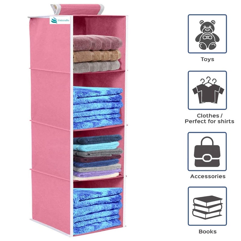 UNICRAFTS Hanging Organizer 4 Shelves NonWoven Foldable Organizer Wardrobe Organiser for Regular Garments 4 Tier Pack of 2 1Pink 1Grey - Image 4