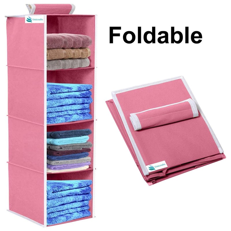 UNICRAFTS Hanging Organizer 4 Shelves NonWoven Foldable Organizer Wardrobe Organiser for Regular Garments 4 Tier Pack of 2 1Pink 1Grey - Image 3
