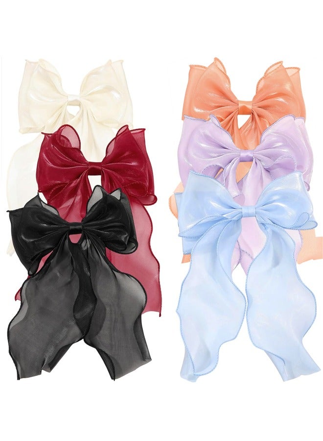 GUSGU 6pcs Oversized Hair Bows and Ribbons for Women, Silky Satin Long Tail Bowknot Barrettes With Metal Clips Ponytail Hair Accessories for Adult Teens - Image 1