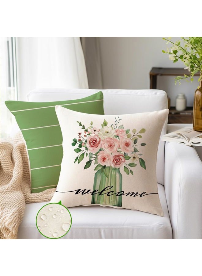 RABUSOFA Outdoor Spring Pillow Covers 18x18 Inch Set of 4 Waterproof Spring Decorations for Home,Green Farmhouse Decor Throw Decorative Pillows for Couch Patio - Image 2