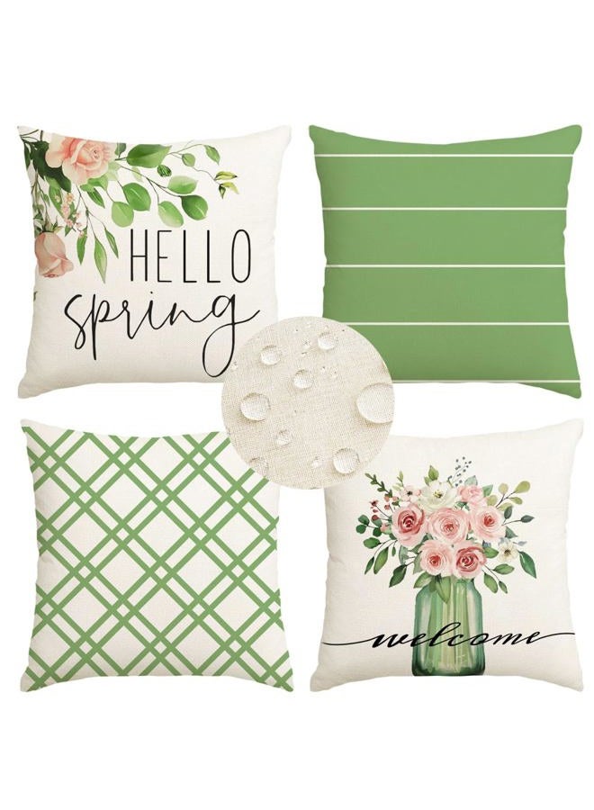 RABUSOFA Outdoor Spring Pillow Covers 18x18 Inch Set of 4 Waterproof Spring Decorations for Home,Green Farmhouse Decor Throw Decorative Pillows for Couch Patio - Image 1