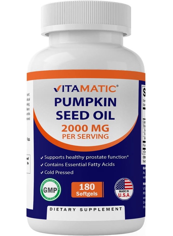 Vitamatic Pumpkin Seed Oil 2000mg Softgel Capsules per Serving - 180 Softgels - 1000mg per softgel - Image 1
