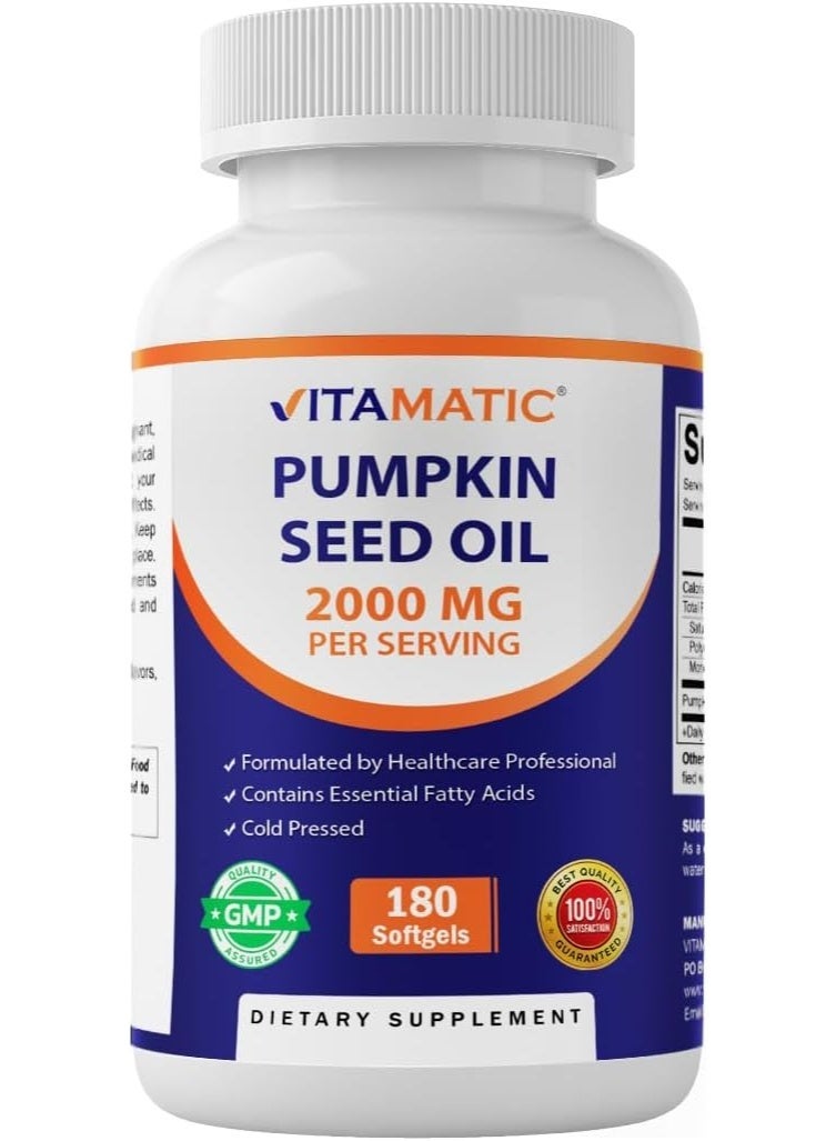 Vitamatic Pumpkin Seed Oil 2000mg Softgel Capsules per Serving - 180 Softgels - 1000mg per softgel - Image 1