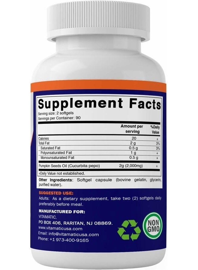 Vitamatic Pumpkin Seed Oil 2000mg Softgel Capsules per Serving - 180 Softgels - 1000mg per softgel - Image 2
