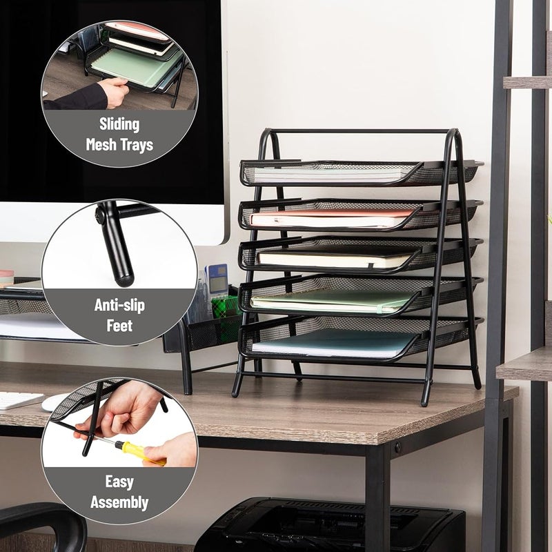 Mind Reader Desk Organizer with 5 Sliding Trays for Letters, Documents, Mail, Files, Paper, Black - Image 4