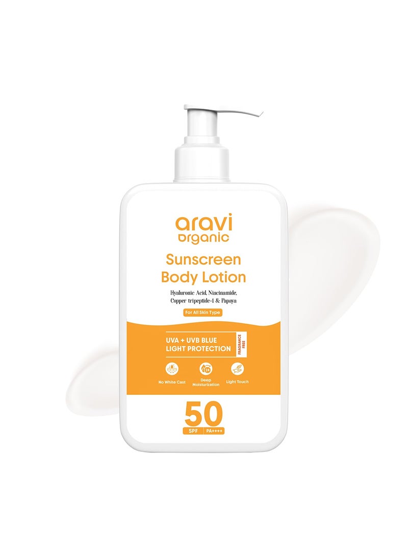 Aravi Organic Aravi Organic SPF 50 Sunscreen Body Lotion Light with No White Cast - With PA+++ UVA - UVB protection - Enriched With Niacinamide & Vitamin E - Hydration & Skin Repair - For All Skin Types - 200 ml 