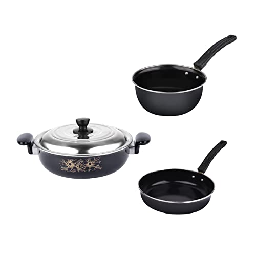 ATEVON 3-Piece Kitchen Accessories Set | Non-Stick Cast Iron Cookware | Induction Friendly Kadai, Saucepan, Fry Pan | Gifts for Women, Wife, Black - Image 1