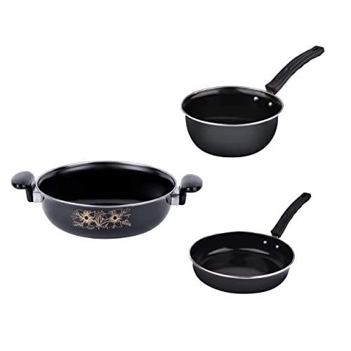 ATEVON 3-Piece Kitchen Accessories Set | Non-Stick Cast Iron Cookware | Induction Friendly Kadai, Saucepan, Fry Pan | Gifts for Women, Wife, Black - Image 2