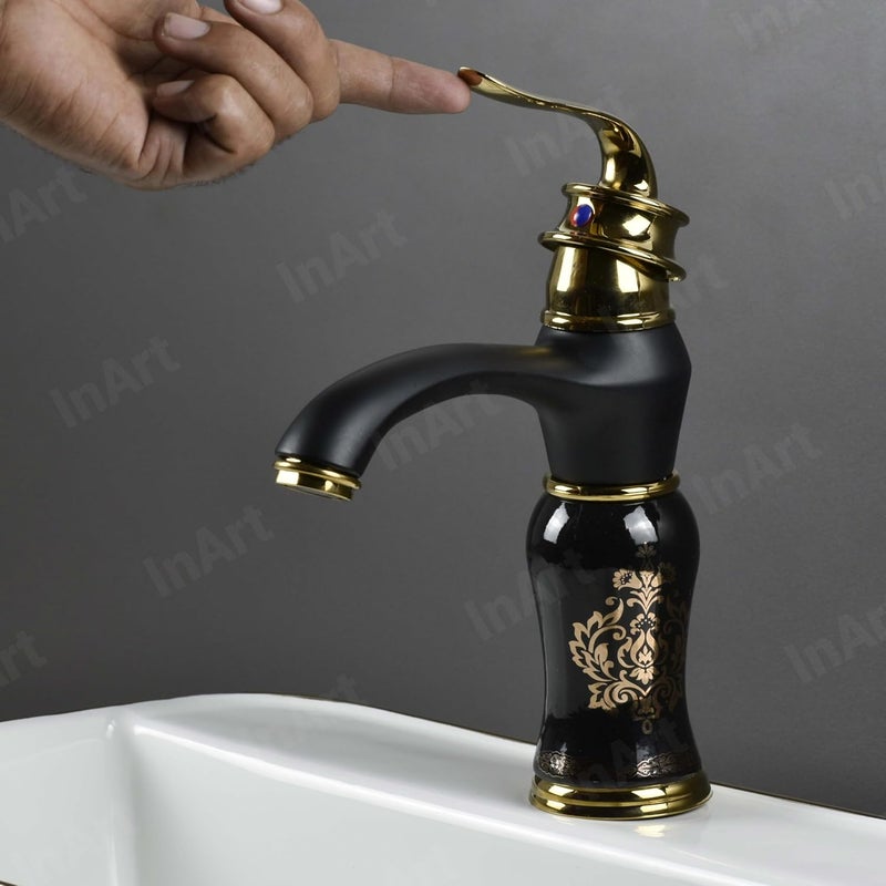 InArt Black Gold Glossy Finish Basin Pillar Cock Tap Faucet for Wash Basin Hot Cold Water Mixer Single Handle Waterfall Design Table MountDeck Mount Black Gold - Image 4