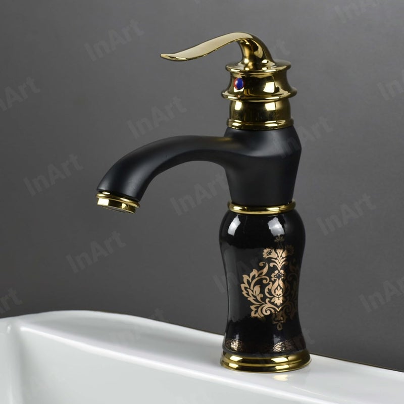 InArt Black Gold Glossy Finish Basin Pillar Cock Tap Faucet for Wash Basin Hot Cold Water Mixer Single Handle Waterfall Design Table MountDeck Mount Black Gold - Image 3