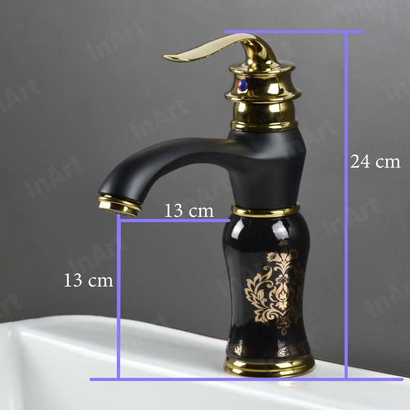 InArt Black Gold Glossy Finish Basin Pillar Cock Tap Faucet for Wash Basin Hot Cold Water Mixer Single Handle Waterfall Design Table MountDeck Mount Black Gold - Image 2