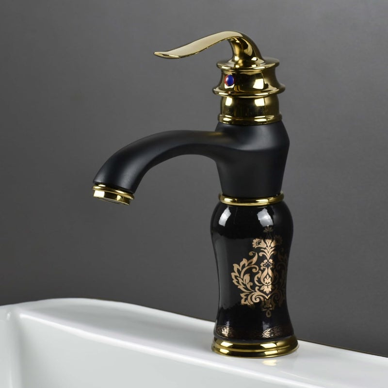 InArt Black Gold Glossy Finish Basin Pillar Cock Tap Faucet for Wash Basin Hot Cold Water Mixer Single Handle Waterfall Design Table MountDeck Mount Black Gold - Image 1