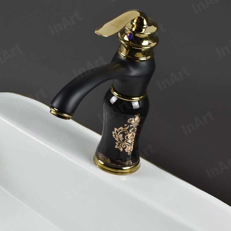 InArt Black Gold Glossy Finish Basin Pillar Cock Tap Faucet for Wash Basin Hot Cold Water Mixer Single Handle Waterfall Design Table MountDeck Mount Black Gold - Image 5