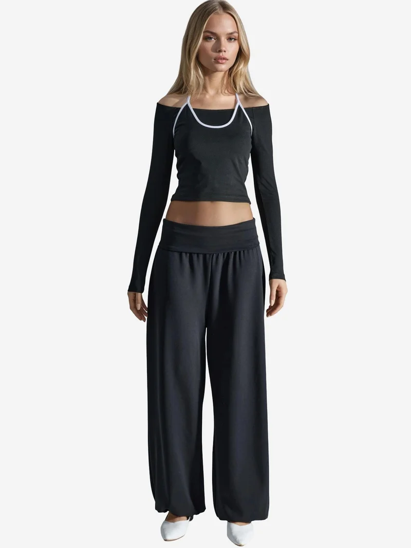 بوسيم BUSEM Mid-Waist Wide-Leg Knit Joggers