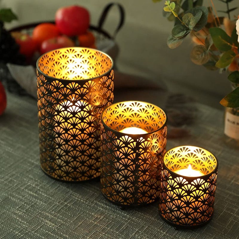 JHY DESIGN Set of 3 Metal Candle Holders Bronze Hurricane Pillar Candleholder Vintage Table Candlestick Holders Great Centerpieces for Home Decor Wedding Parties Events - Image 5